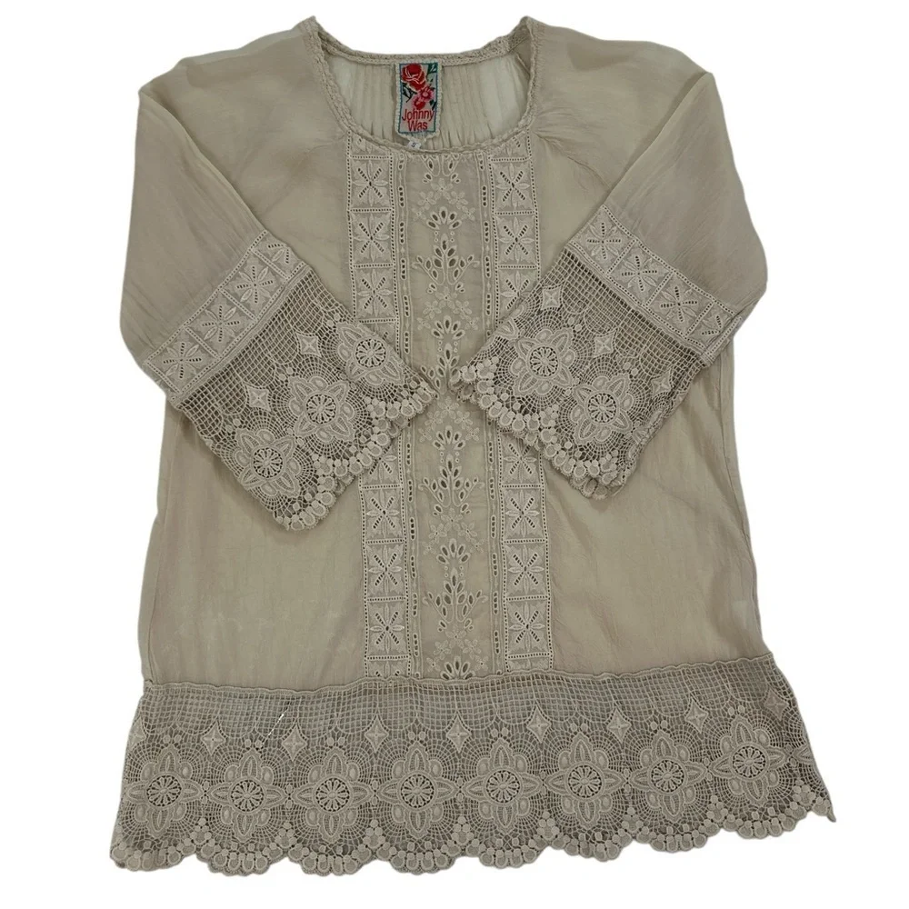 Johnny Was Beige Lace Embroidered Tunic Blouse Boho Romantic Festival Chic S